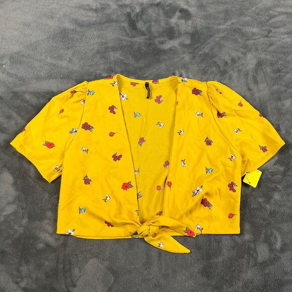 Vijo Couture Womens Wrap Top Size Medium Yellow Floral Cropped Front Shirt Rose - Picture 1 of 7